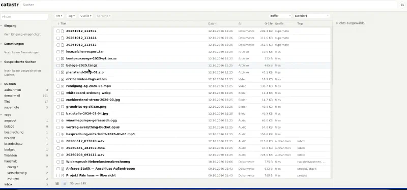 The web interface: sources, tags and all objects of the demo collection